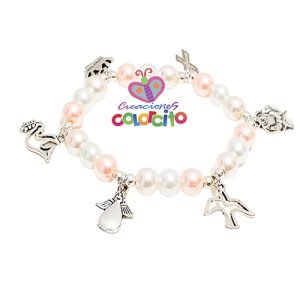 Bautizo - Pulsera perla rosado con dijes variados