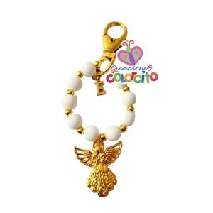 Bautizo - Llavero denario acrílico ángel dorado inicial