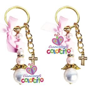 Bautizo - Llavero Ángel de perla argolla dorado diseño rosado