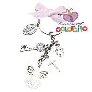 Bautizo - Llavero cinco dijes lazo rosado