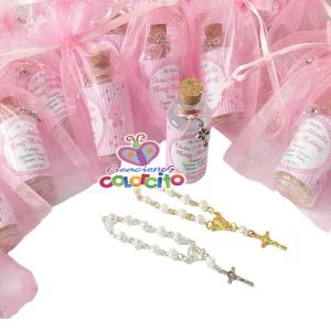 Bautizo - Botella etiqueta rosado denario dije cruz