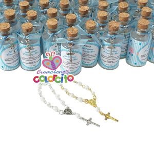 Bautizo - Botella etiqueta celeste denario dije cruz
