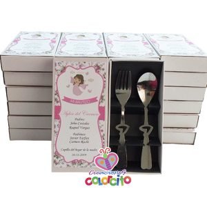 Bautizo - Set de cubierto en caja personalizada rosa
