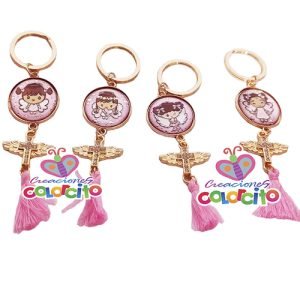 Bautizo - Llavero circular diseño rosado con alita dorada