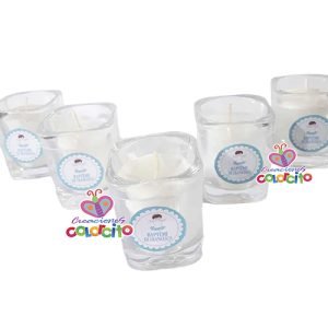 Bautizo - Vaso de vidrio con vela y etiqueta personalizada celeste