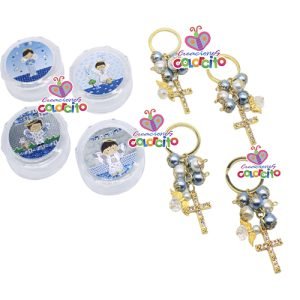 Bautizo- Llavero dorado dúo cruz piedras en cofre diseño niño