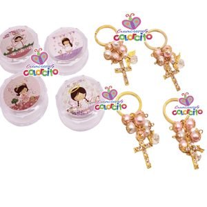 Bautizo- Llavero dorado dúo cruz piedras en cofre diseño niña