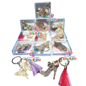 Quince años - Llavero silueta taco, torre,15 y mariposa dorada