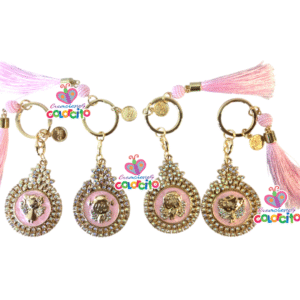 Bautizo - Llavero doradas diseños circular rosa angelitas