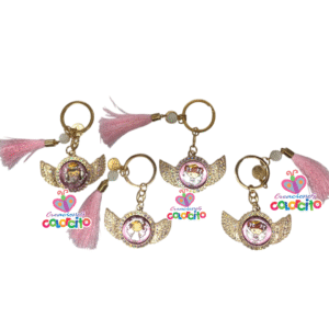 Bautizo - Llavero alitas doradas diseños circular angelitas