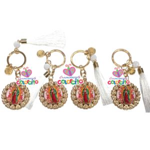 Misa de honras - Llaveros dorados Virgen de Guadalupe con borla blanca