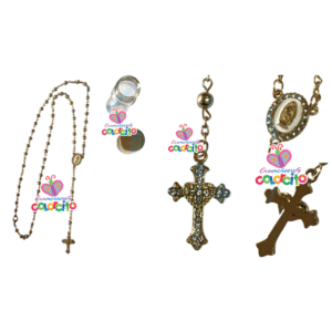 Misa de honras - Rosario dorado de metal en botella