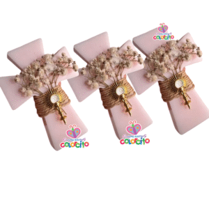 Primera Comunión – Vela en forma de Cruz rosa con diseño rustico