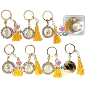 Misa de honras - Llavero dorado circular diseño de santos con borla amarillo