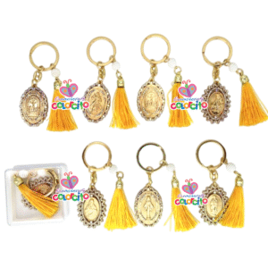 Misa de honras - Llavero dorado diseño de santos con borla amarillo