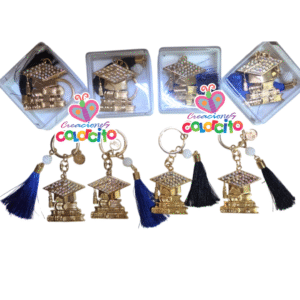 Graduación - Llaveros dorados birrete con borla negra y azul