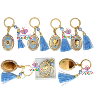 Bautizo – Llaveros medallón ovalado dorado con celeste diseño angelitos